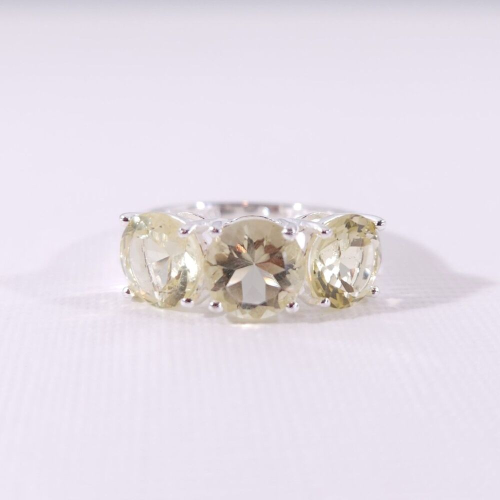 Brazilian Lemon Quartz Trilogy Ring 3.8 Carats tw Sterling Silver Size 5